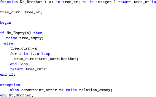 \begin{lstlisting}[language=ada]
function Nt_Brother ( a: in tree_nr; n: in inte...
  ... when constraint_error => raise relation_empty;
  end Nt_Brother;
  \end{lstlisting}