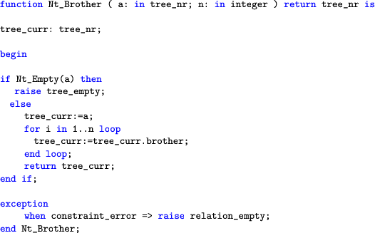 \begin{lstlisting}[language=ada]
function Nt_Brother ( a: in tree_nr; n: in inte...
  ... when constraint_error => raise relation_empty;
  end Nt_Brother;
  \end{lstlisting}