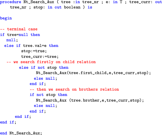 \begin{lstlisting}[language=ada]
procedure Nt_Search_Aux ( tree :in tree_nr ; e:...
  ...p);
else null;
end if;
end if;
end if;end Nt_Search_Aux;
\end{lstlisting}