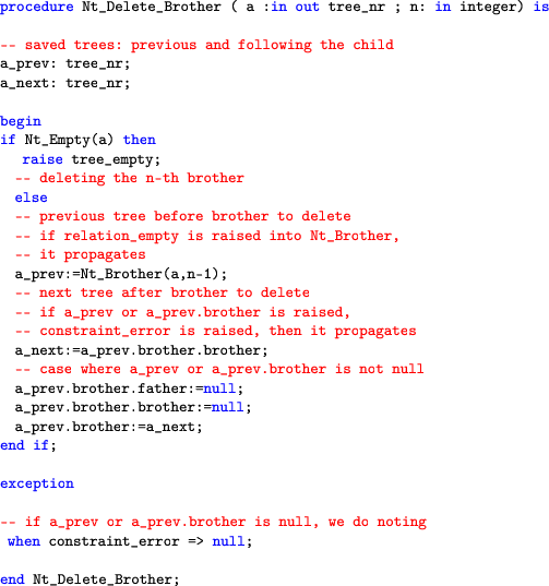 \begin{lstlisting}[language=ada]
     procedure Nt_Delete_Brother ( a :in out tree_nr...
      ... noting
      when constraint_error => null;end Nt_Delete_Brother;
      \end{lstlisting}