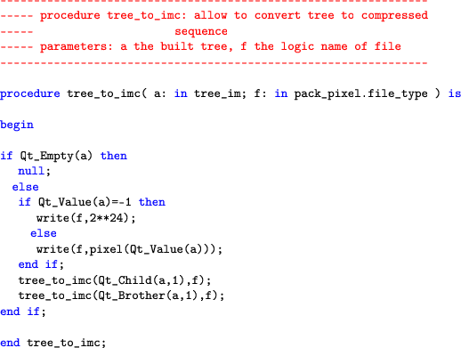 \begin{lstlisting}[language=ada]
 -----------------------------------------------...
 ...f);
 tree_to_imc(Qt_Brother(a,1),f);
 end if;end tree_to_imc;
 \end{lstlisting}