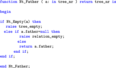 \begin{lstlisting}[language=ada]
function Nt_Father ( a: in tree_nr ) return tre...
...empty;
else
return a.father;
end if;
end if;end Nt_Father;
\end{lstlisting}