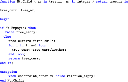 \begin{lstlisting}[language=ada]
function Nt_Child ( a: in tree_nr; n: in intege...
  ...n
  when constraint_error => raise relation_empty;
  end Nt_Child;
  \end{lstlisting}